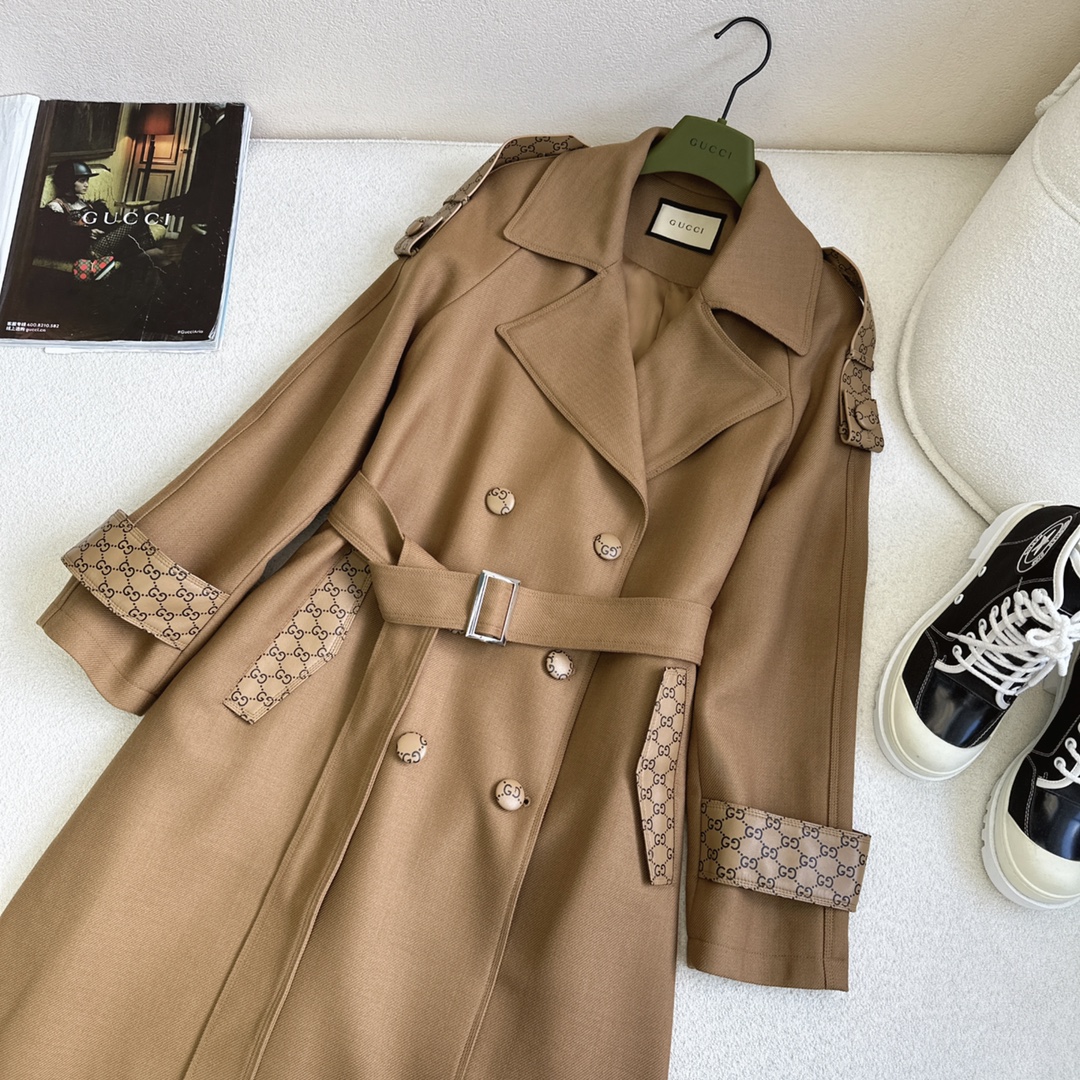 Leather-trimmed mid-length trench coat