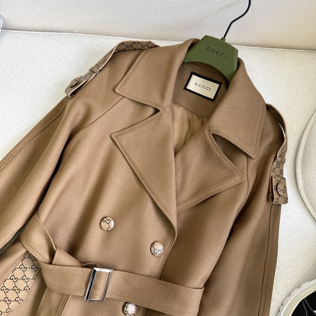 Leather-trimmed mid-length trench coat