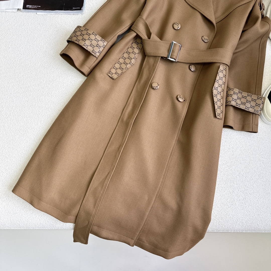 Leather-trimmed mid-length trench coat