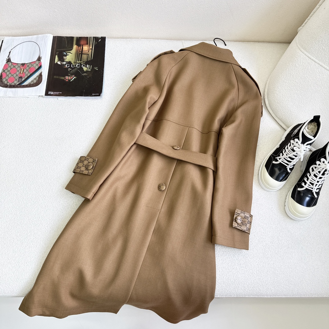 Leather-trimmed mid-length trench coat
