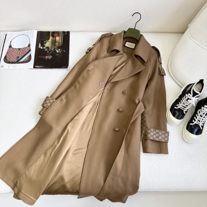 Leather-trimmed mid-length trench coat