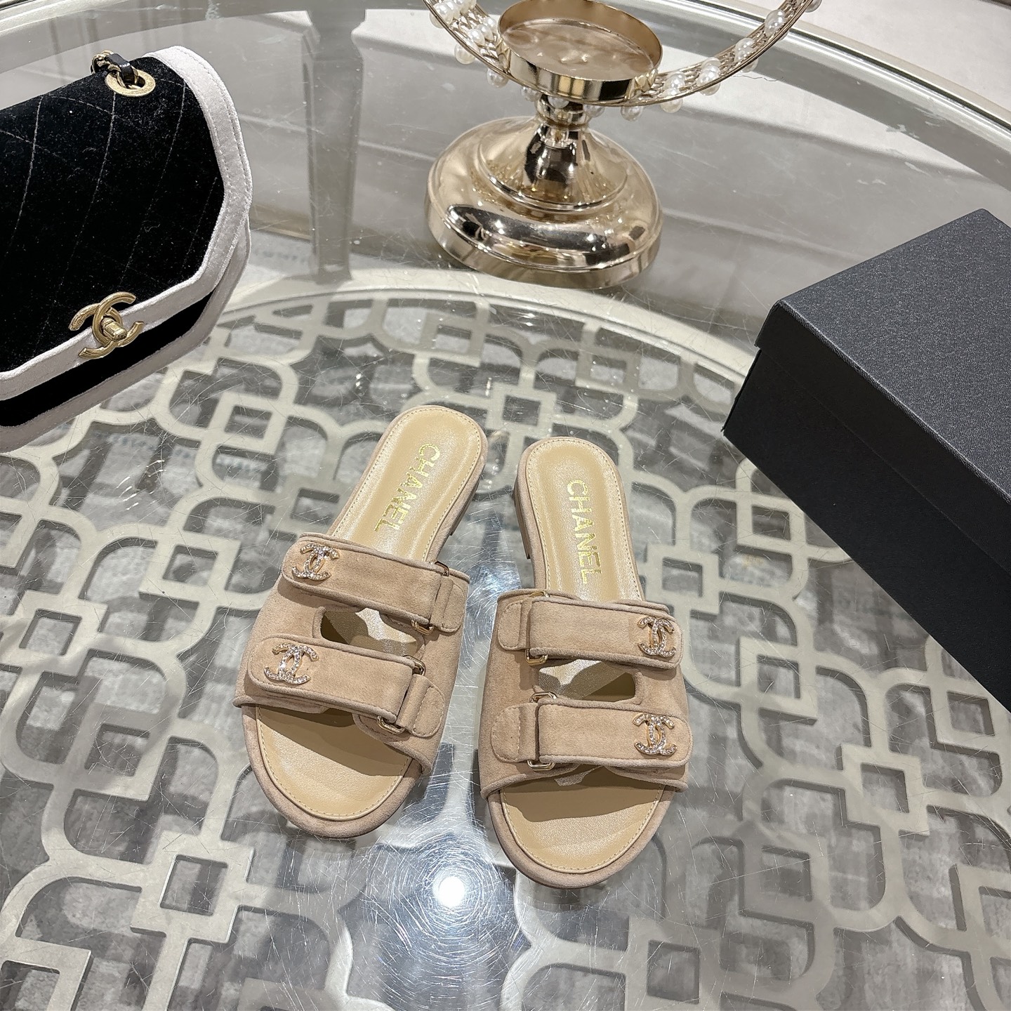 Velcro double-strap platform slippers, leather flat sandals