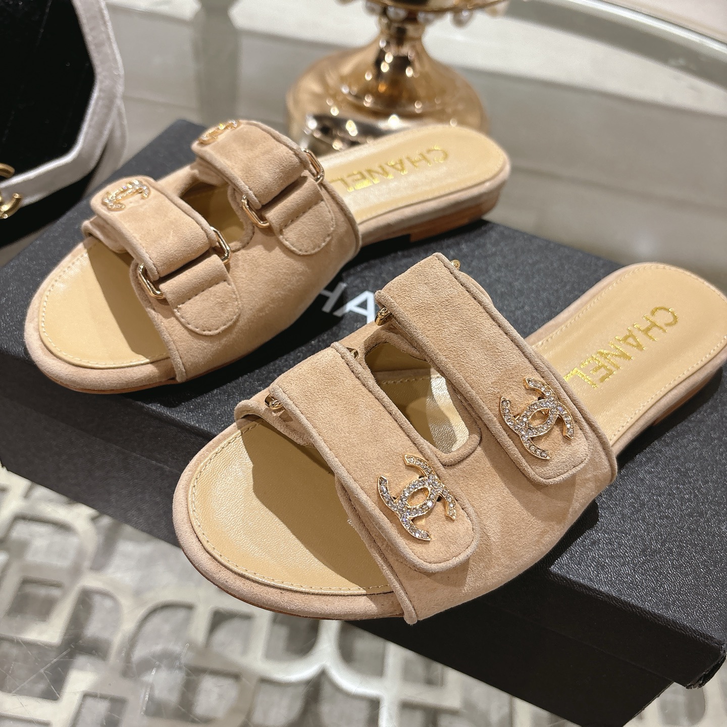 Rhinestone buckle Velcro double strap platform slippers