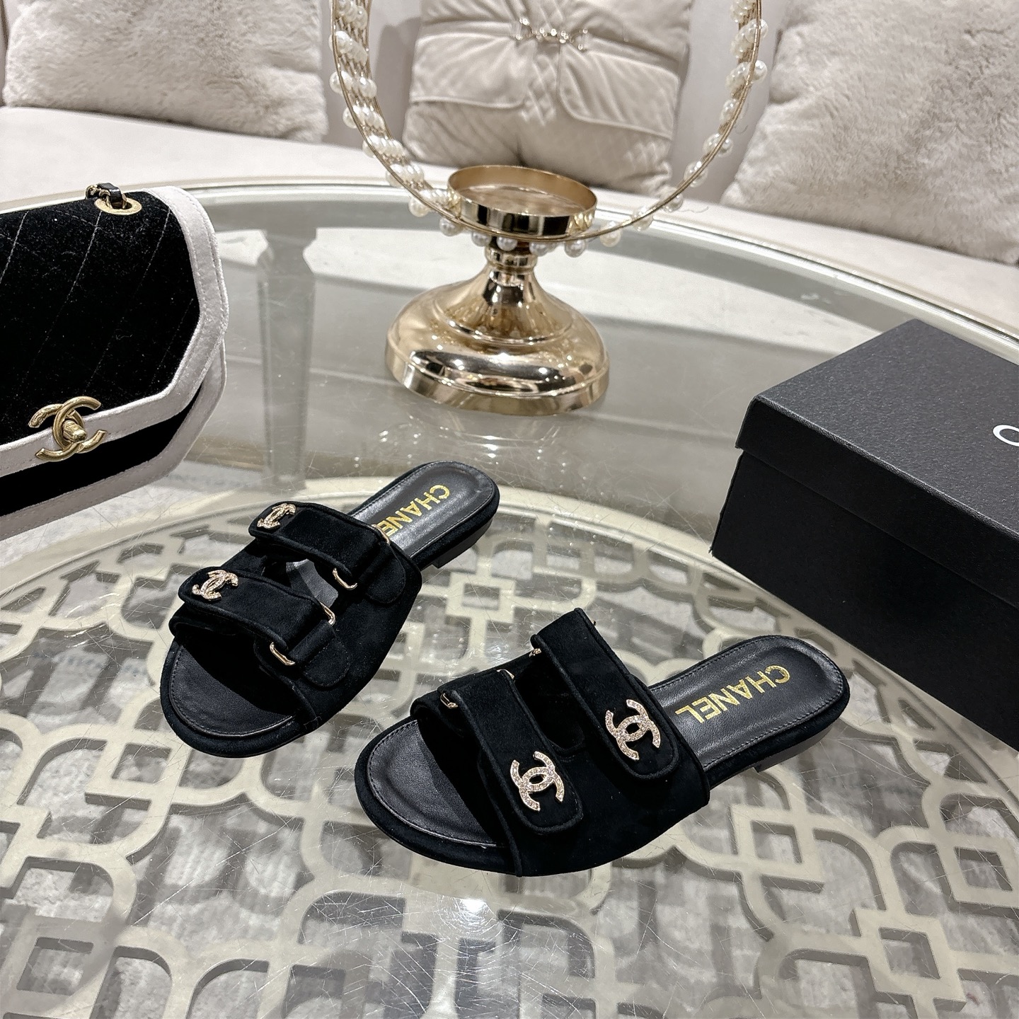 Rhinestone buckle Velcro double strap platform slippers