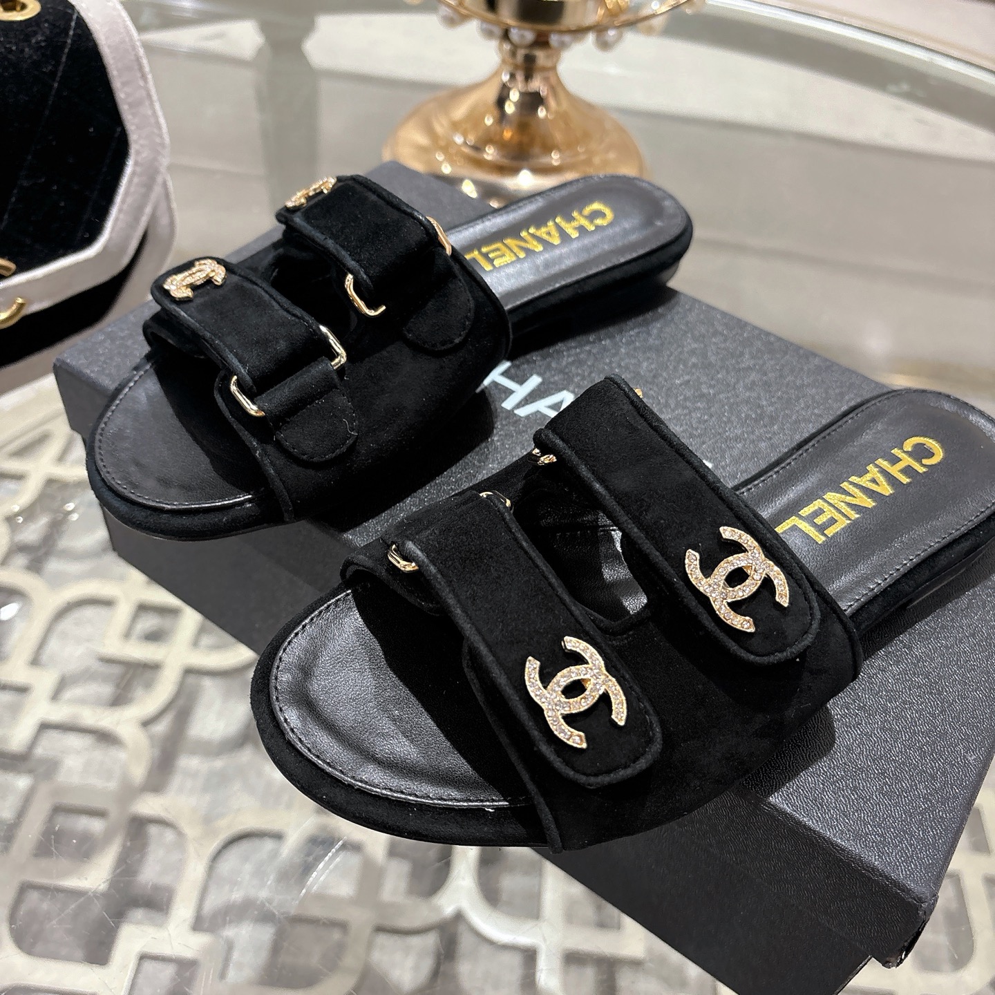 Rhinestone buckle Velcro double strap platform slippers