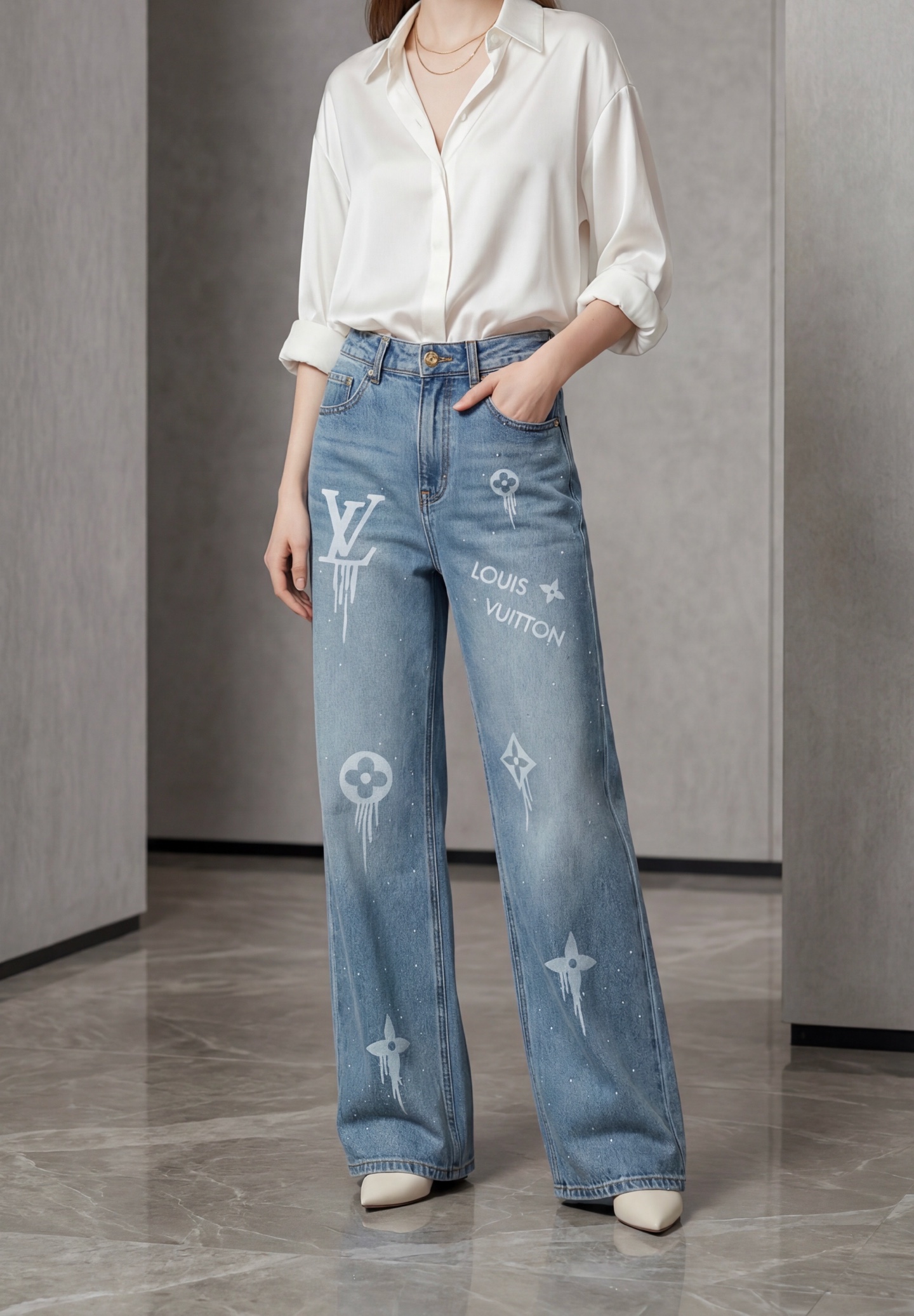 Light blue jeans with heavy hot-fix rhinestone pattern and washed logo SML 