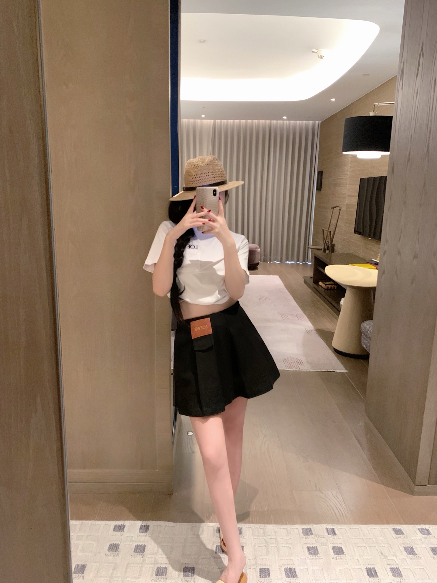 Pocket embroidered letter loose short-sleeved T-shirt + custom leather patch denim mini skirt