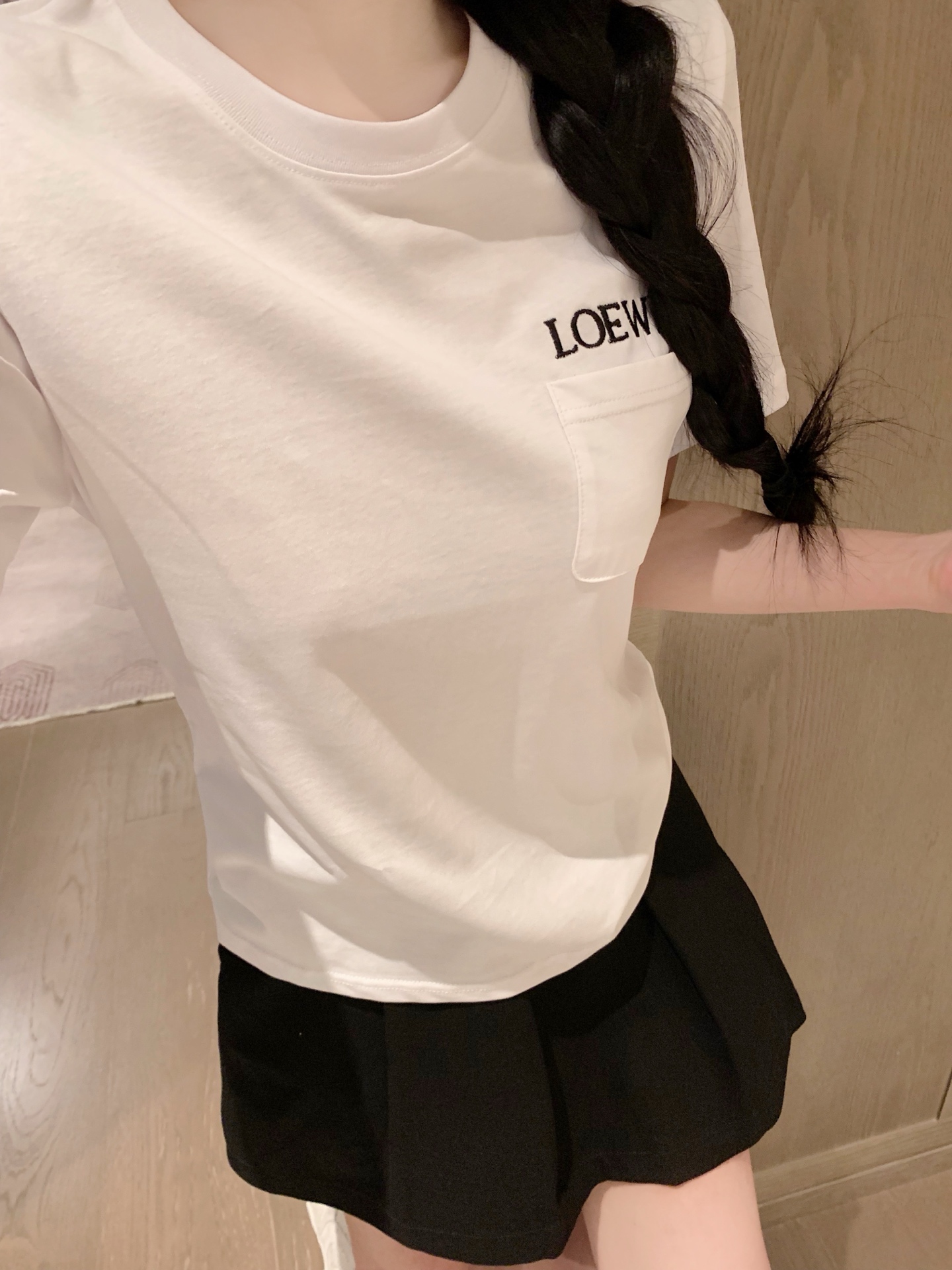 Pocket embroidered letter loose short-sleeved T-shirt + custom leather patch denim mini skirt