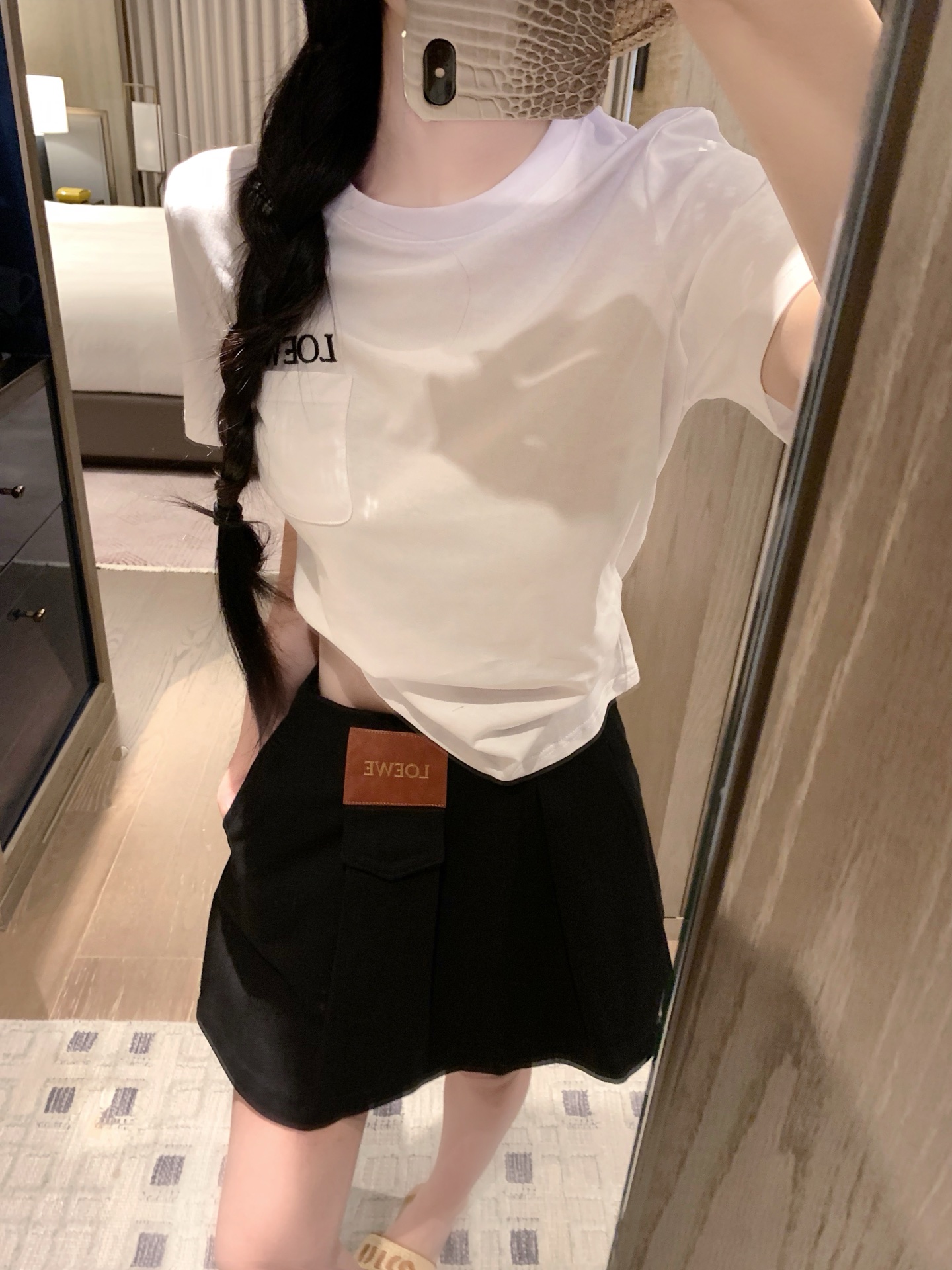 Pocket embroidered letter loose short-sleeved T-shirt + custom leather patch denim mini skirt