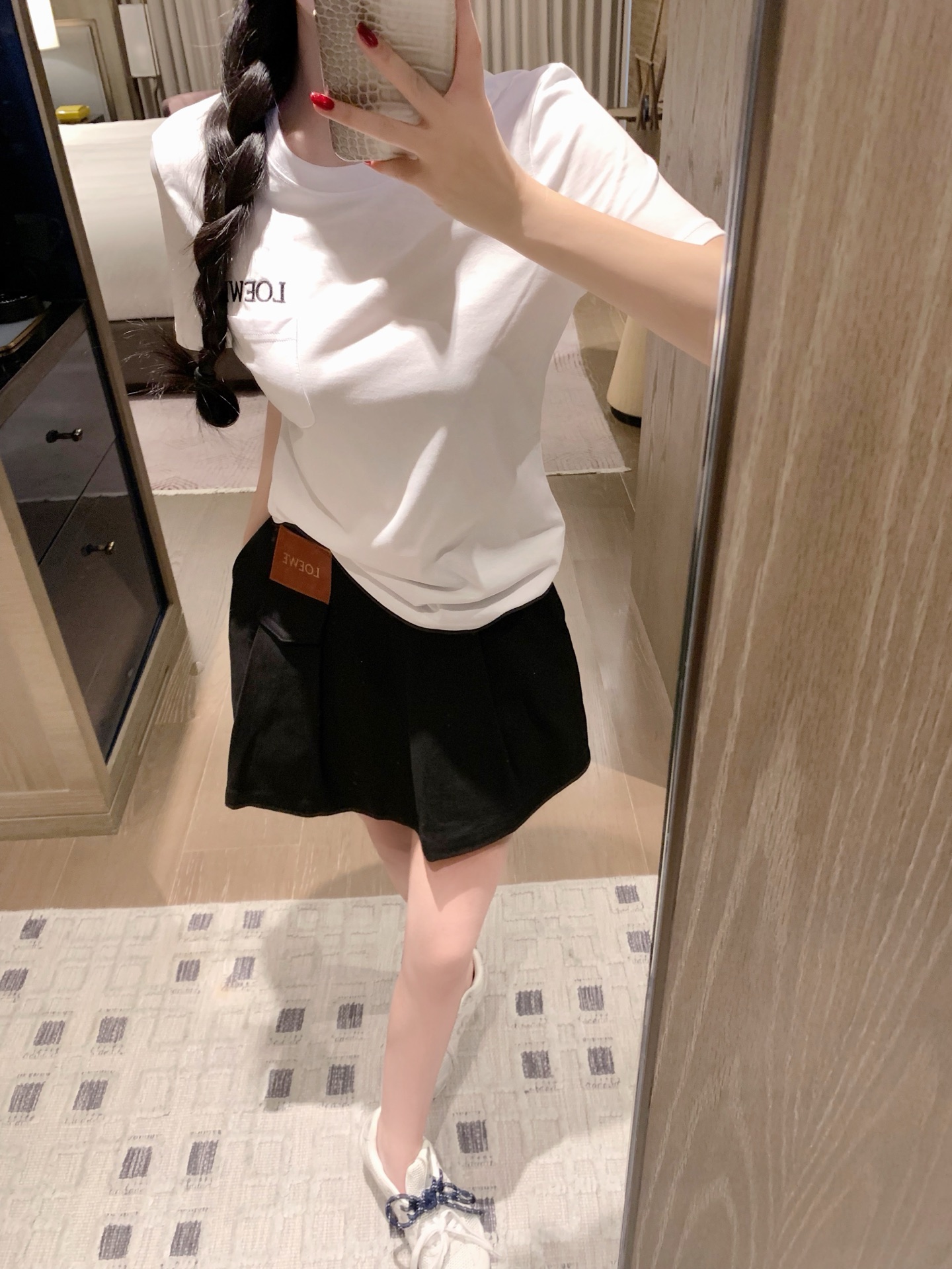 Pocket embroidered letter loose short-sleeved T-shirt + custom leather patch denim mini skirt