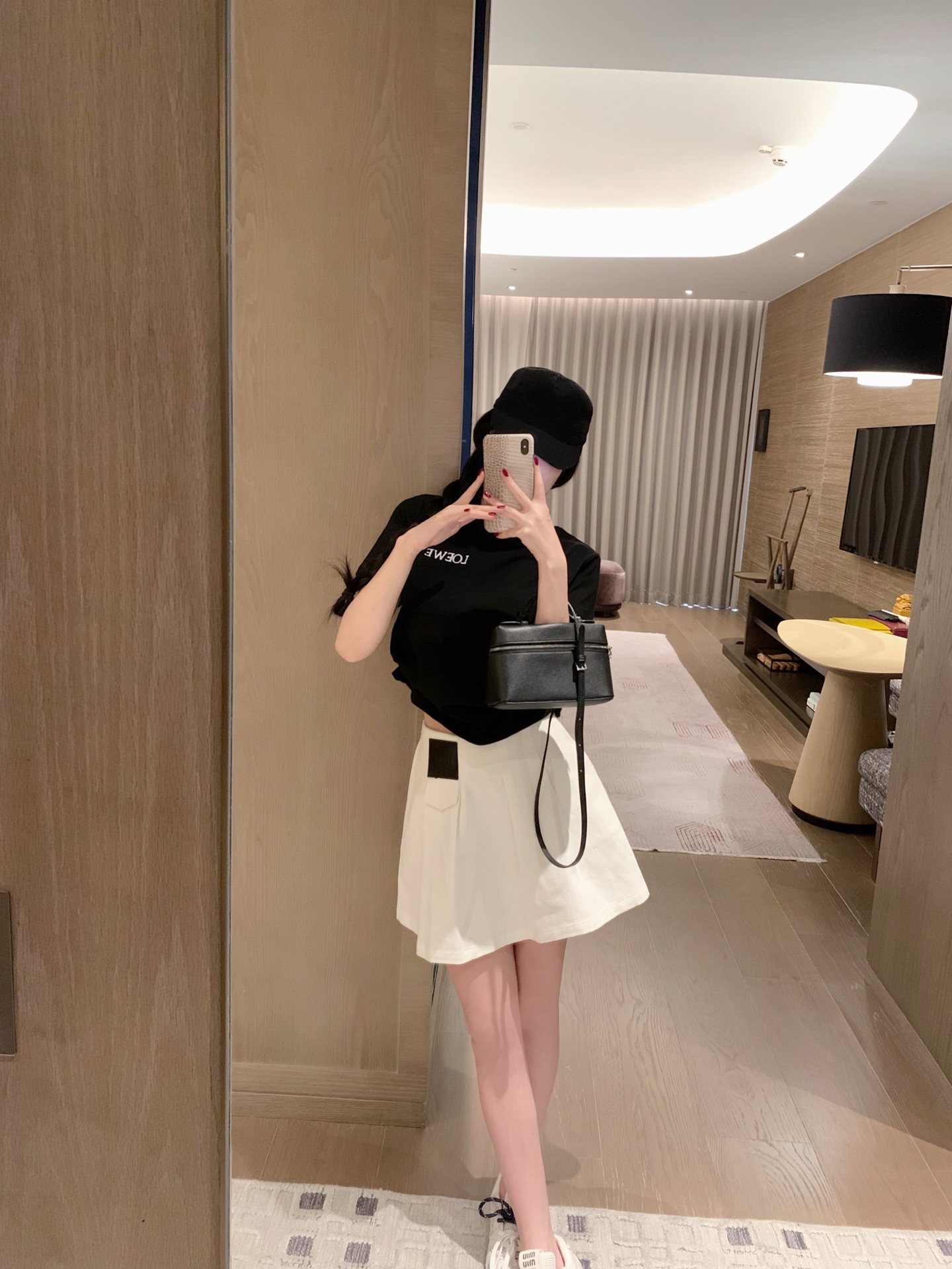 Pocket embroidered letter loose short-sleeved T-shirt + custom leather patch denim mini skirt