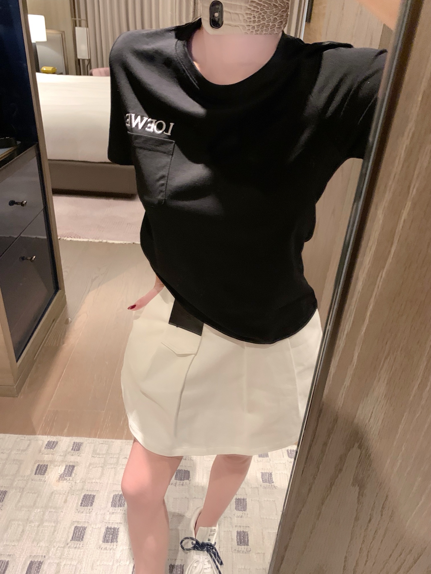 Pocket embroidered letter loose short-sleeved T-shirt + custom leather patch denim mini skirt