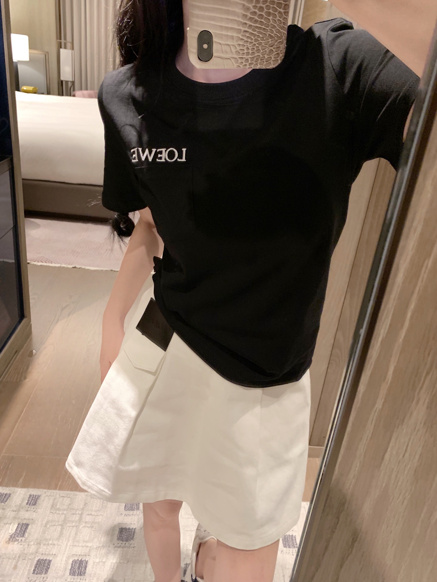 Pocket embroidered letter loose short-sleeved T-shirt + custom leather patch denim mini skirt