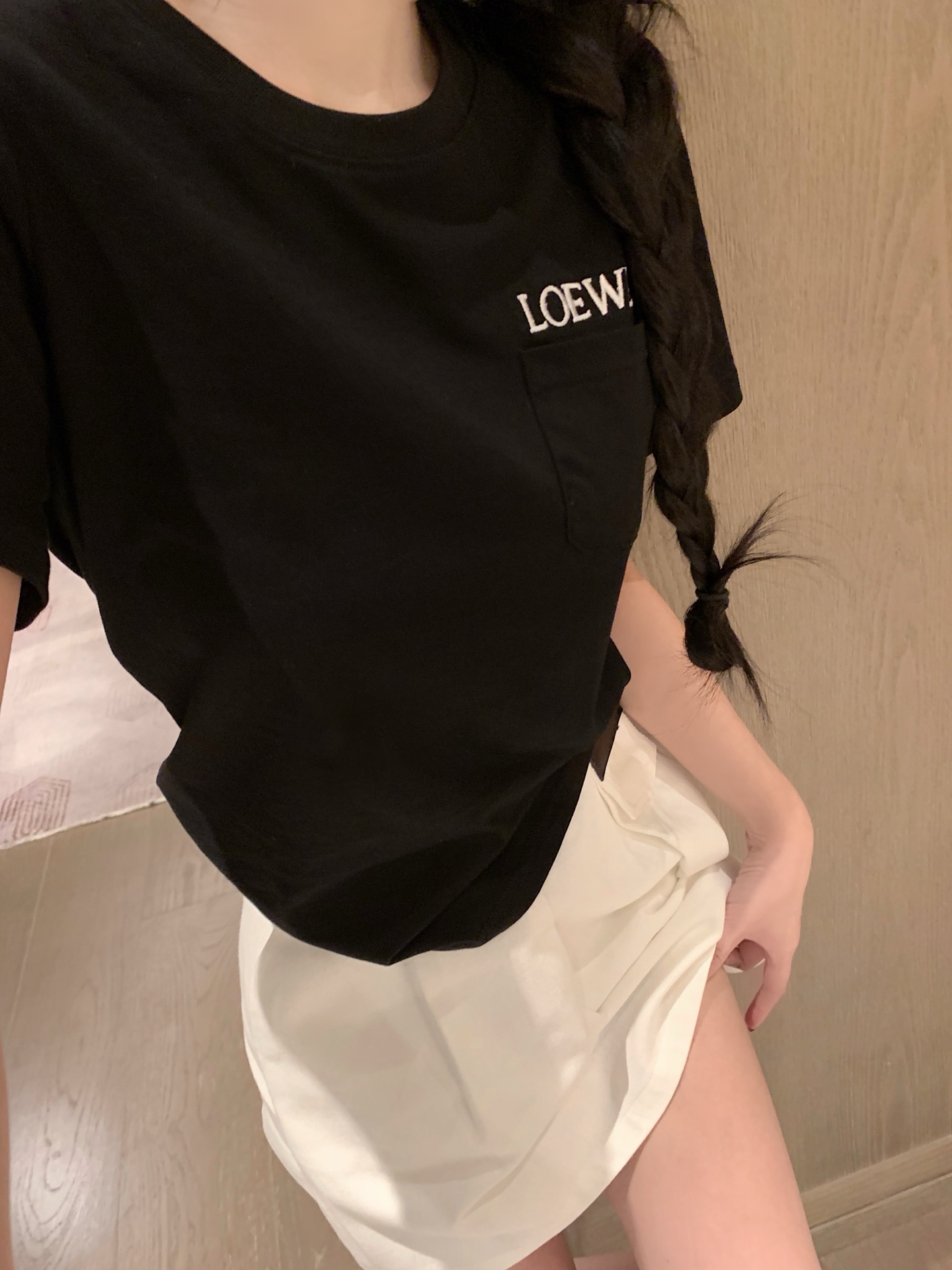Pocket embroidered letter loose short-sleeved T-shirt + custom leather patch denim mini skirt