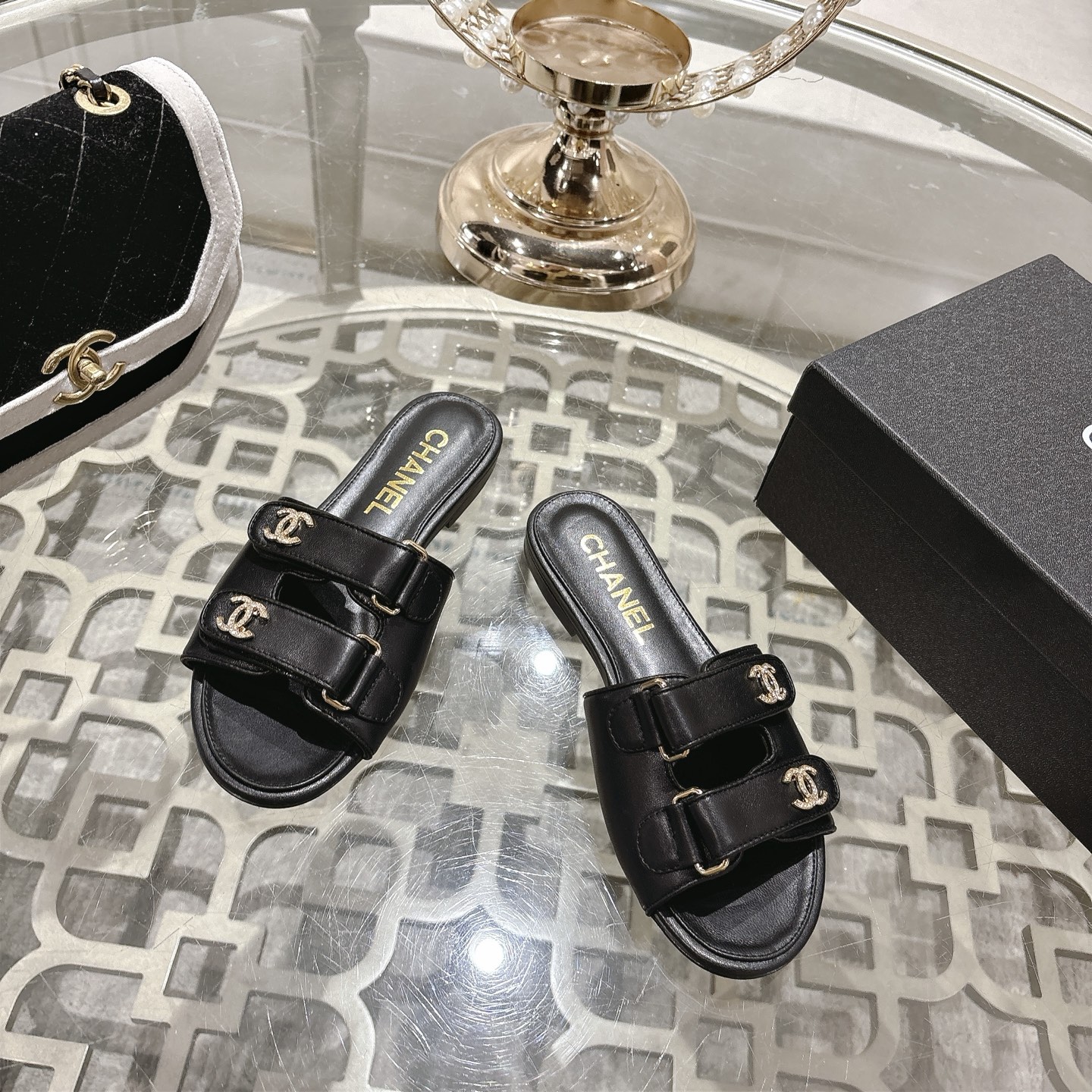 Rhinestone buckle Velcro double strap platform slippers