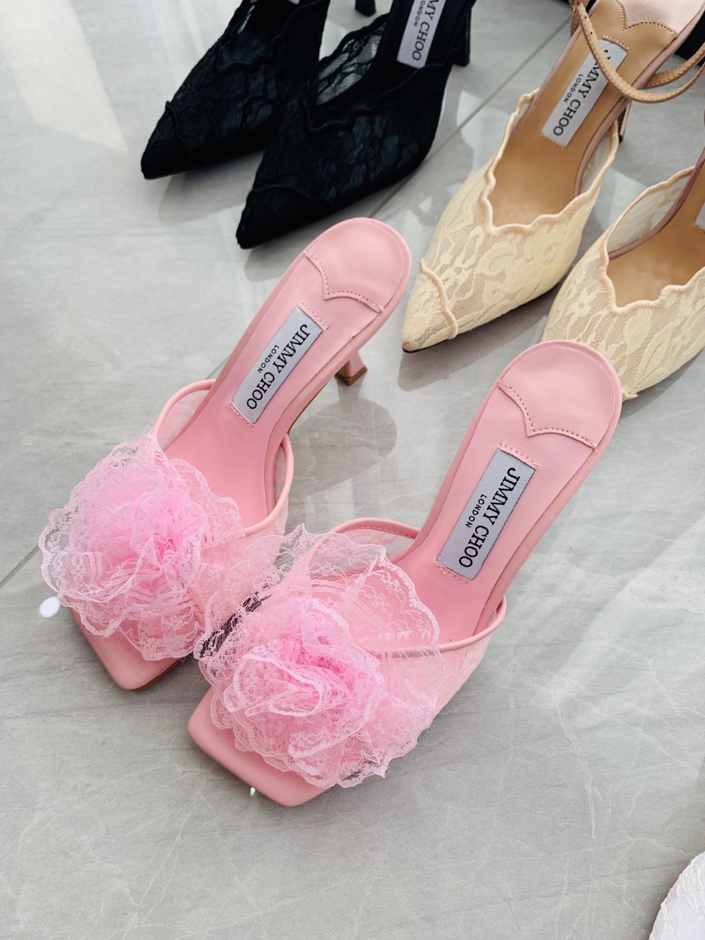 High-heeled lace slippers 9cm/34-41