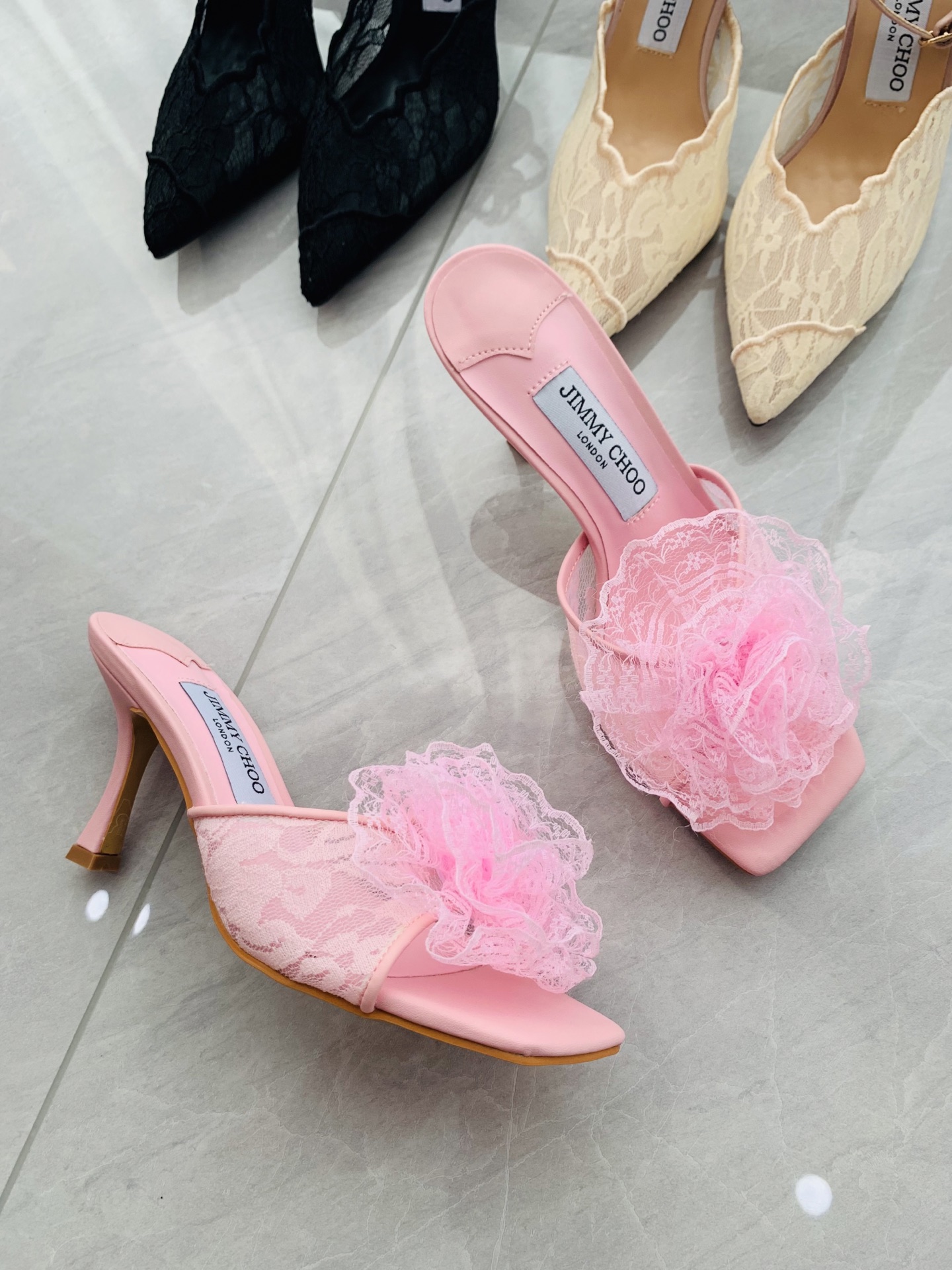 High-heeled lace slippers 9cm/34-41