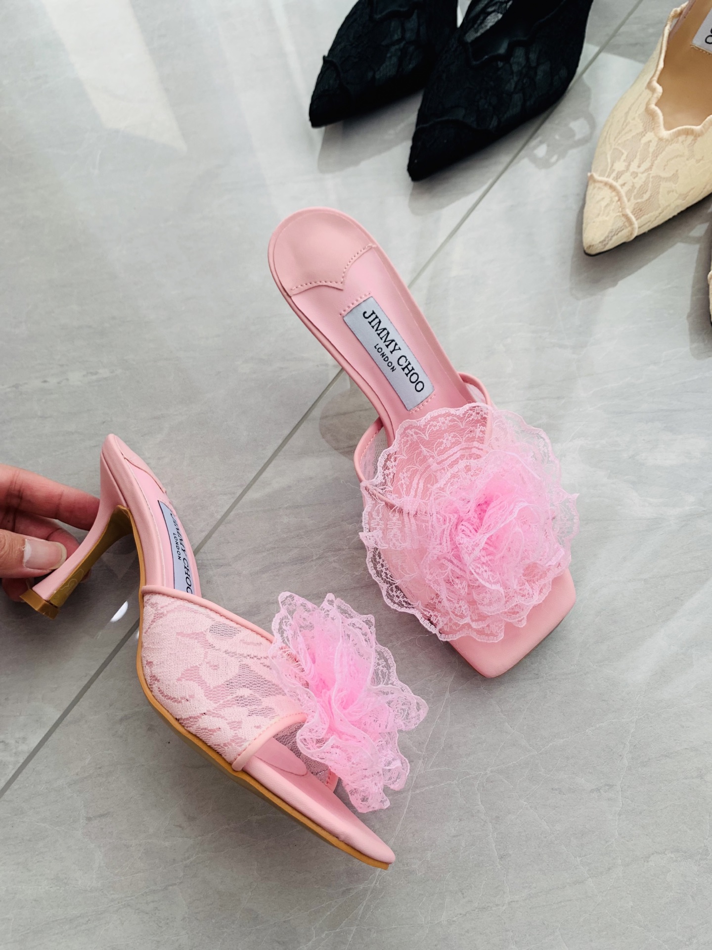 High-heeled lace slippers 9cm/34-41
