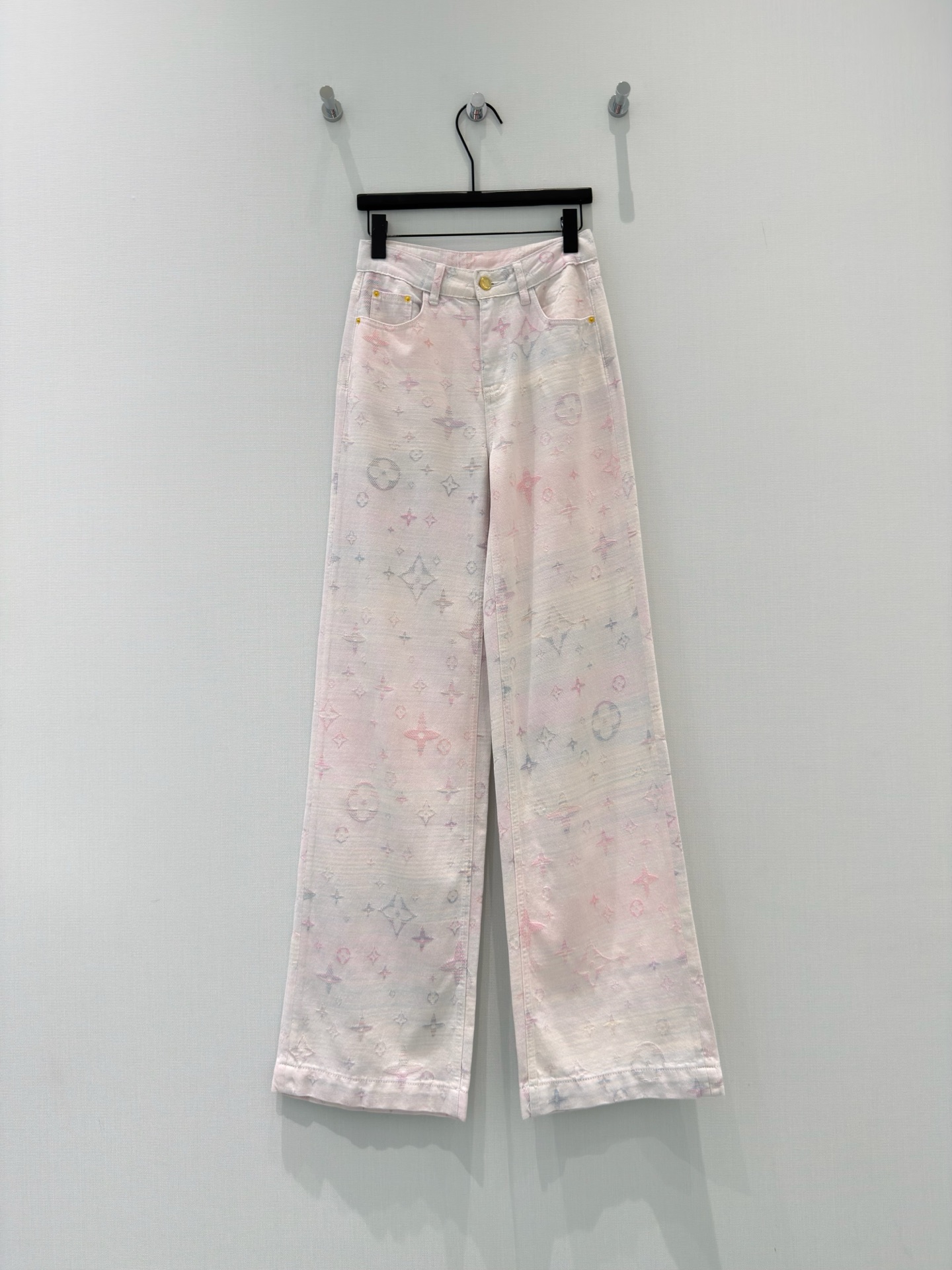 All-over letter print iridescent jacquard wide-leg jeans SML