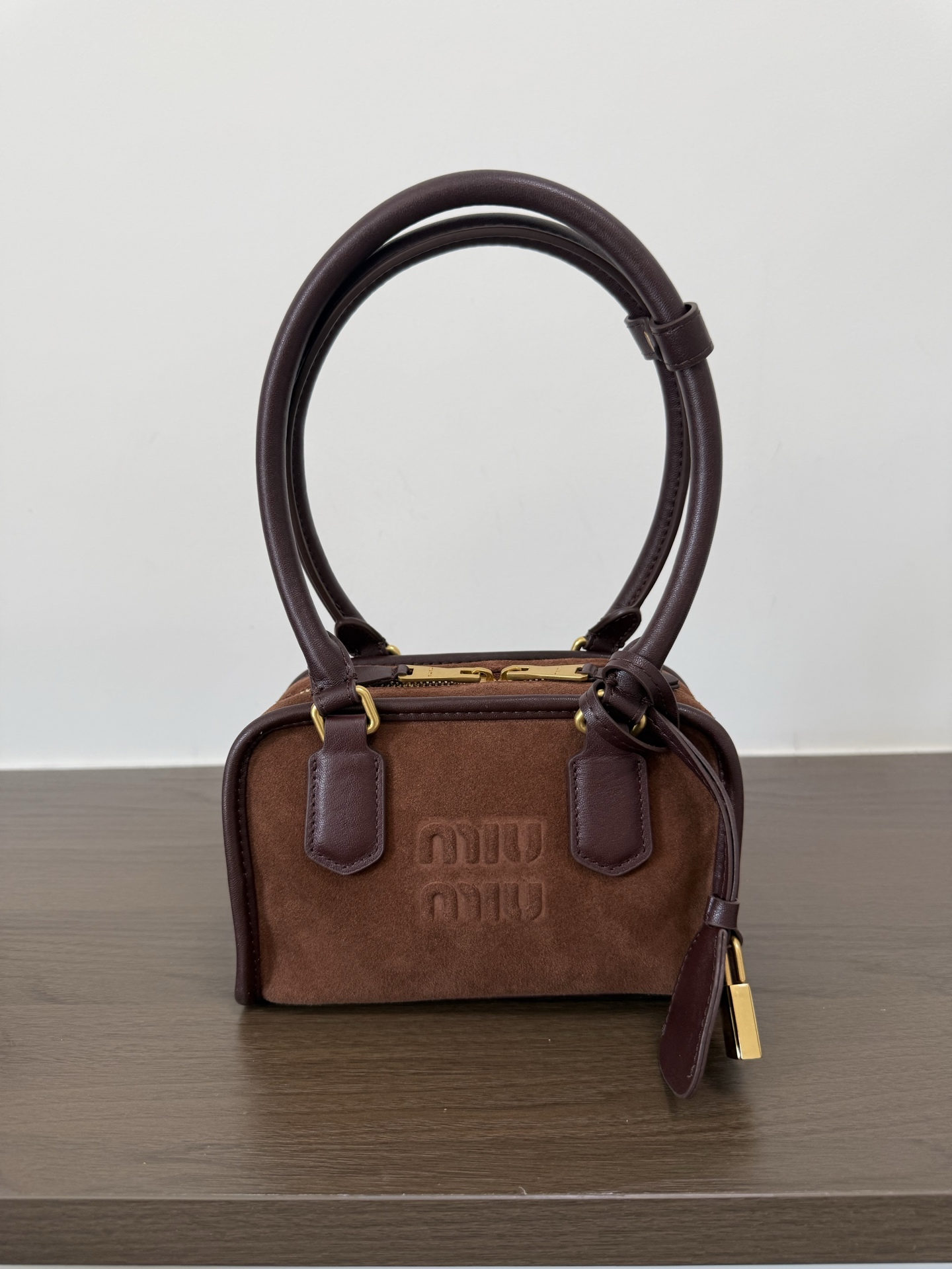 Color-block suede bowling bag