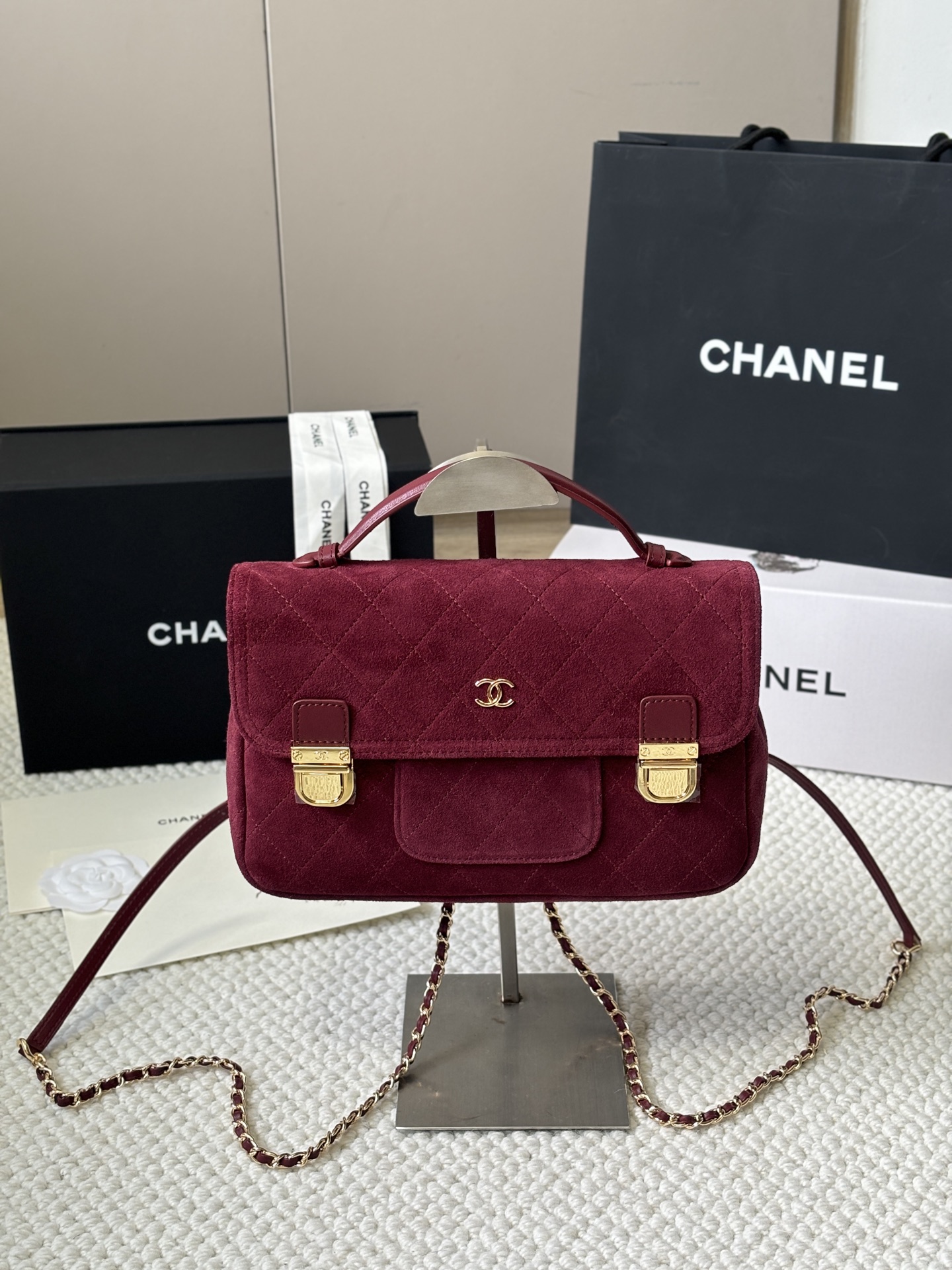 Suede and leather crossbody/backpack with metal accents 25.5*6*17cm
