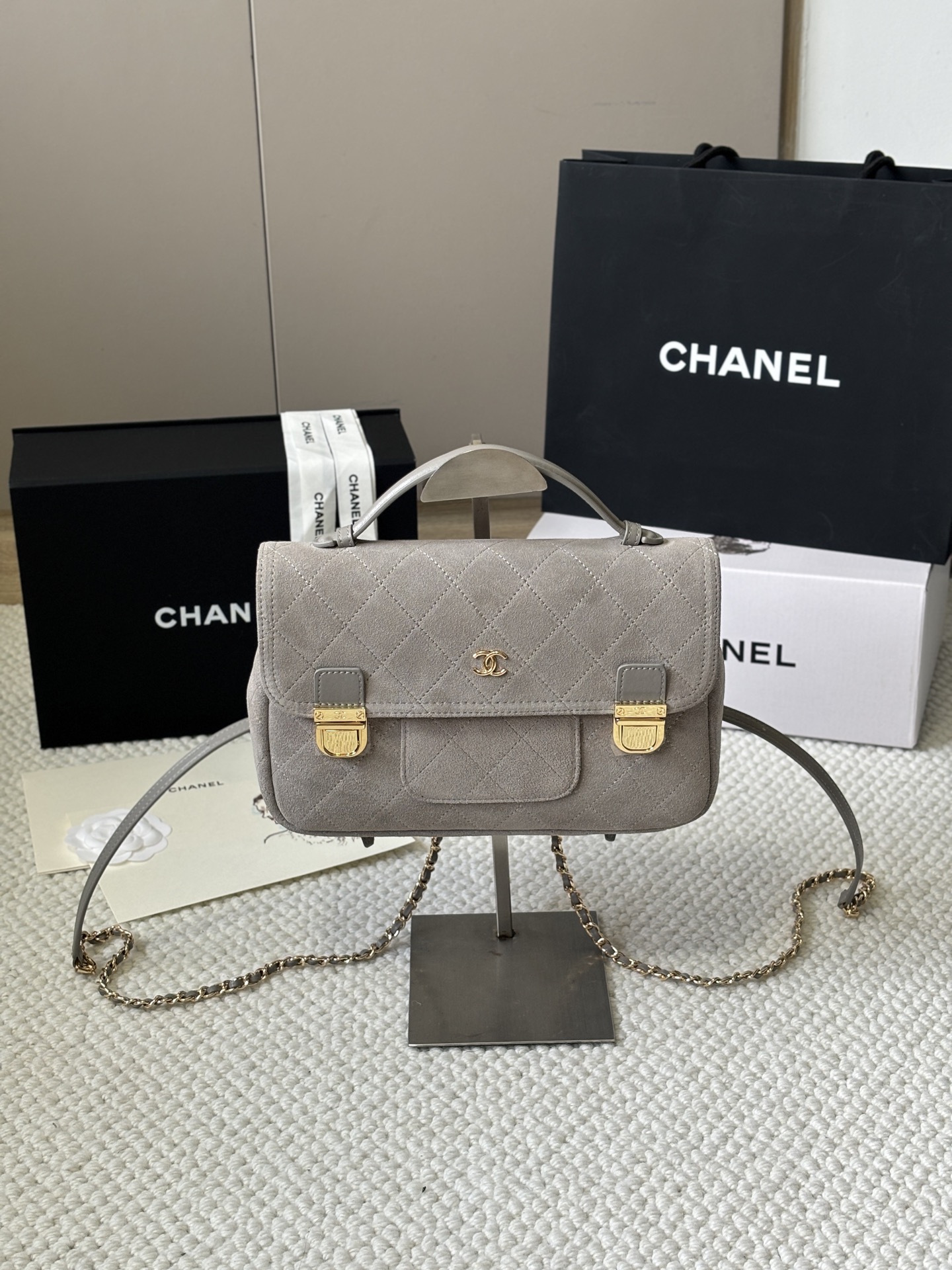 Suede and leather crossbody/backpack with metal accents 25.5*6*17cm