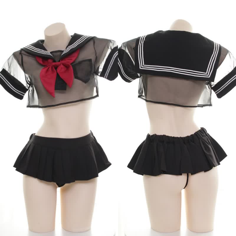 Sailor Collar Bow Knot Uniform Lingerie Set - Black - 3XL - image 2