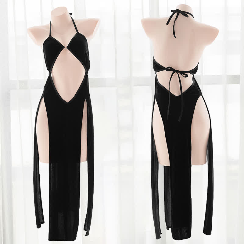 Deep V-neck Hollow Out Backless Chain Split Dress - Dress - Black - 3XL - image 2
