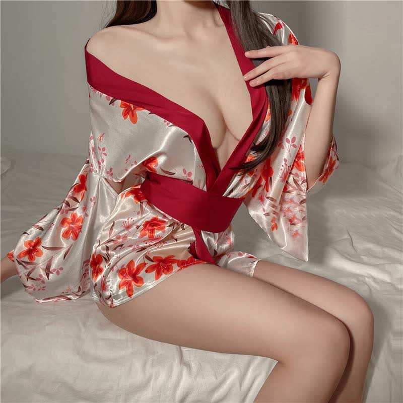 Floral Print Deep V-neck Lace Up Kimono Lingerie Dress - image 1