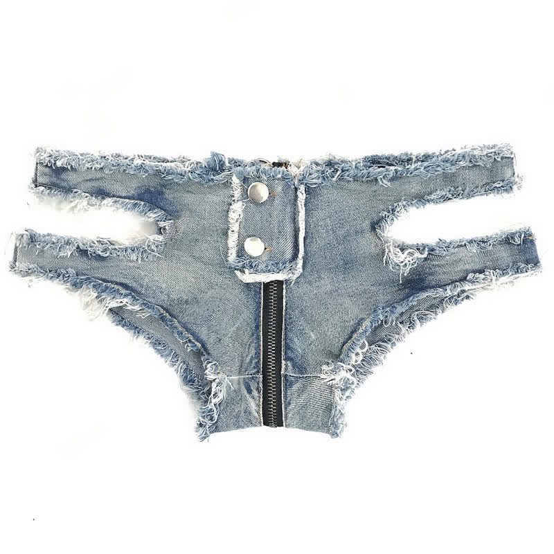Sexy Zipper Hollow Out Denim Shorts Lingerie - Blue - XL - image 12