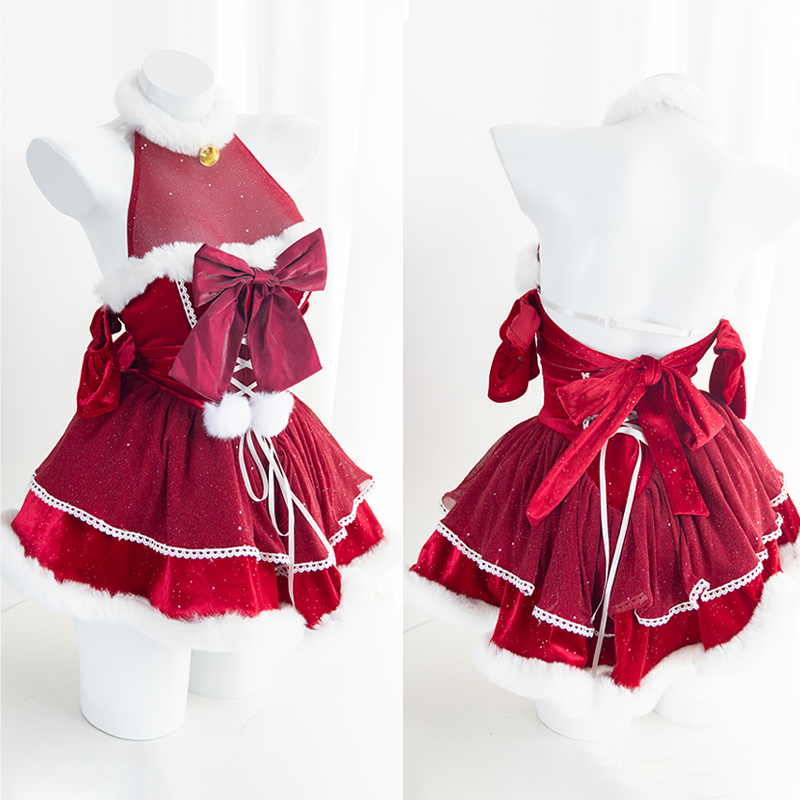 Bowknot Lace Up Backless Velvet Lingerie Set - Red - L - image 2