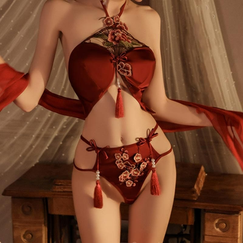 Han Costume Vintage Flower Embroidery Tassel Split Sexy Lingerie Set - image 1