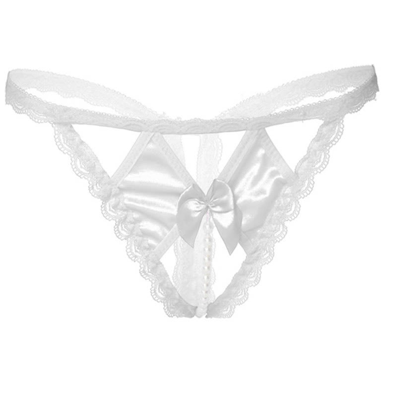 Lace Bow Knot Pearl Decor Sexy G-String - White - XL - image 3