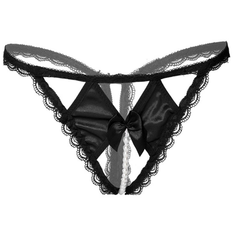 Lace Bow Knot Pearl Decor Sexy G-String - Black - XL - image 2
