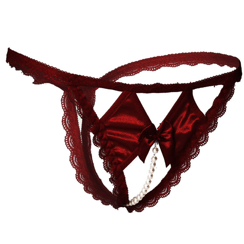 Lace Bow Knot Pearl Decor Sexy G-String - image 5