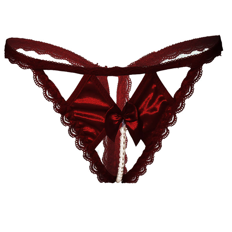 Lace Bow Knot Pearl Decor Sexy G-String - Red - XL - image 4