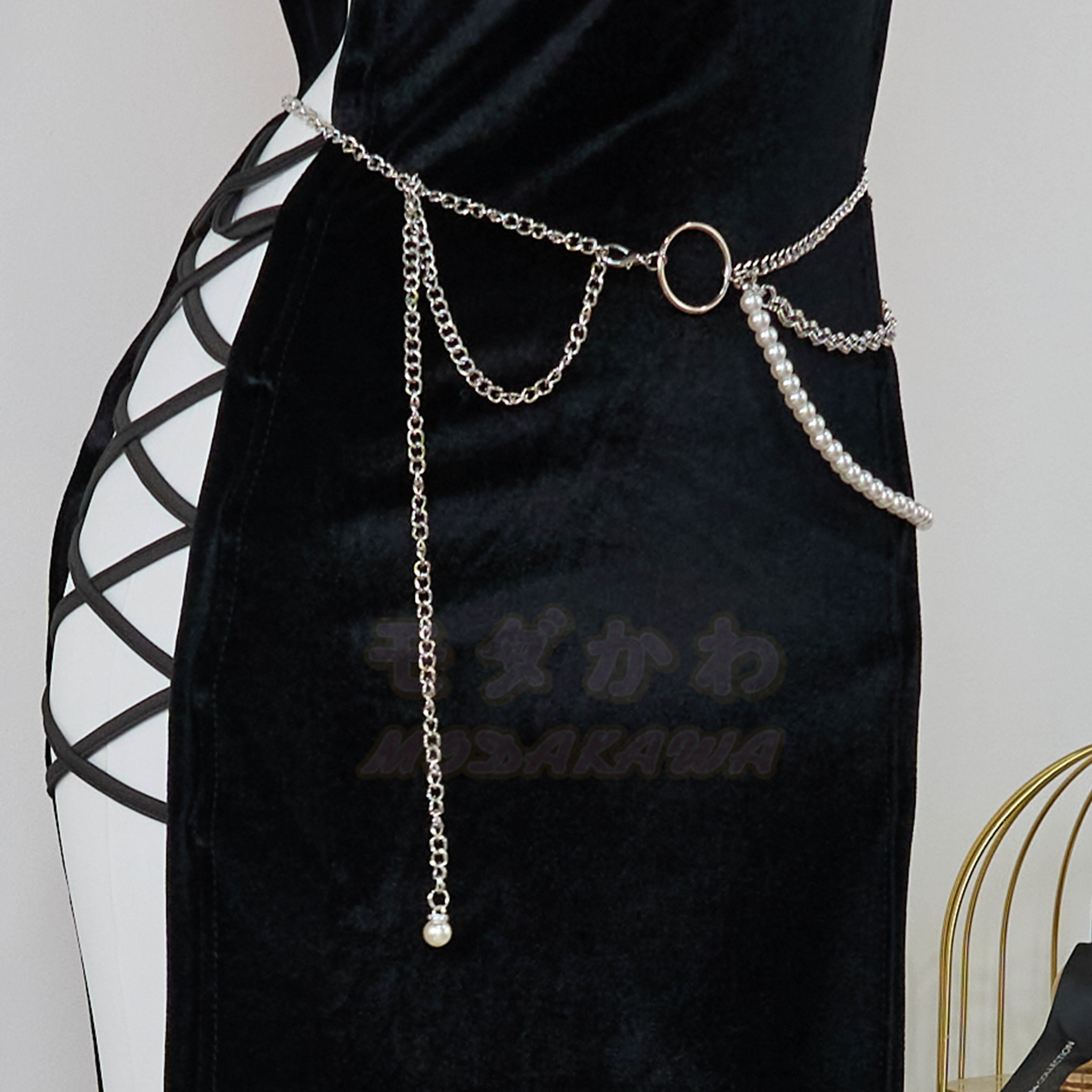 Velvet Lace Up Hollow Out Side Split Dress - Pearl Waist Chain - One Size - image 6