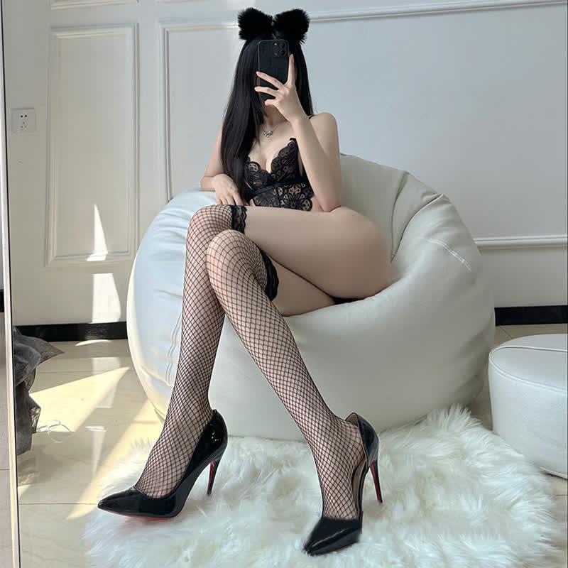 【 Free Gift On Orders Over $80】Lace Fishnet Thigh High Stockings - image 2