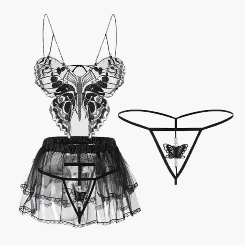 Butterfly Pearl See Through Lace Lingerie Set - Black - 3XL - image 9