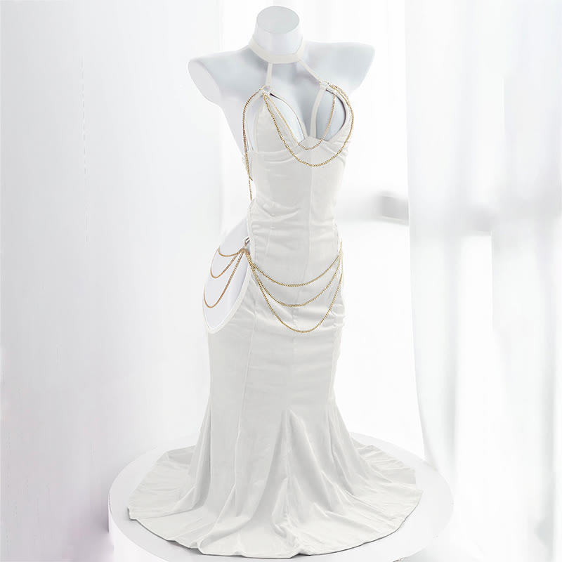 Sexy Halter Hollow Out Backless Chain Fishtail Dress⁠ - White Dress - 3XL-4XL - image 8