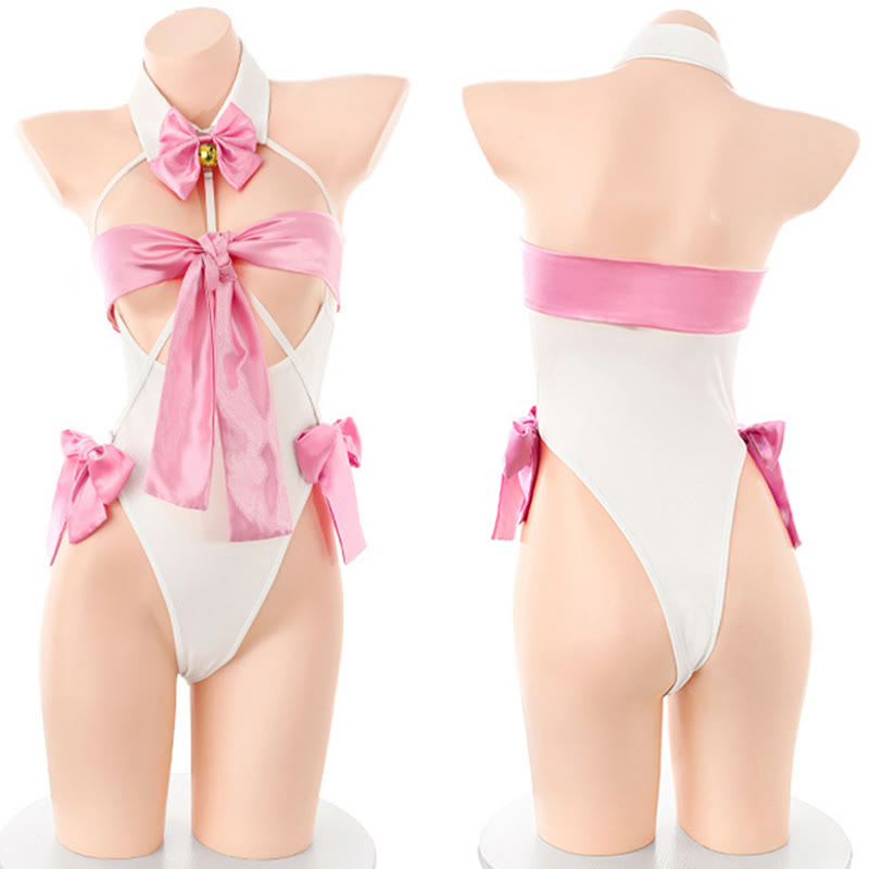 Bow Bell Hollow Out Backless Jumpsuit Lingerie Set - White - Set A - L - image 2