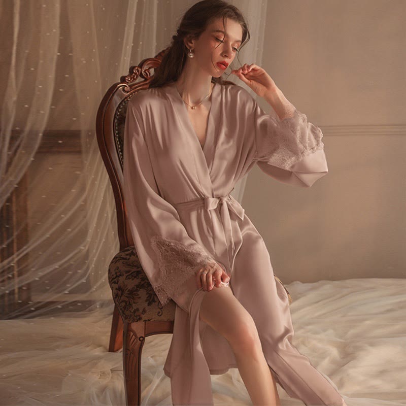 Lace V-neck See-through Nightdress Robe - Pink Robe+Belt - L - image 5