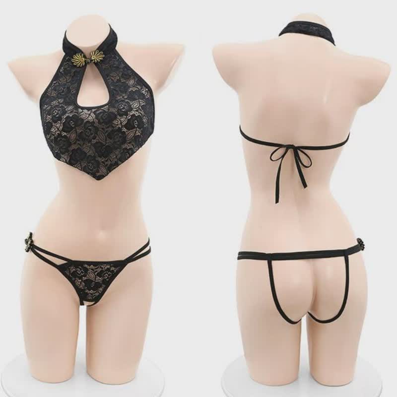 Vintage Buckle See Through Lace Cheongsam Lingerie Set - image 2