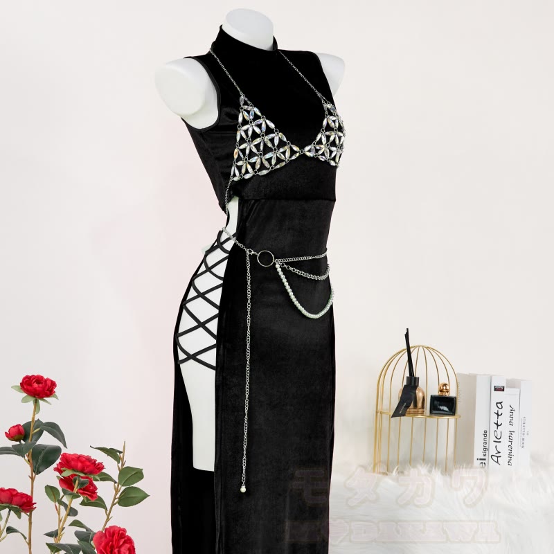 Velvet Lace Up Hollow Out Side Split Dress - image 2