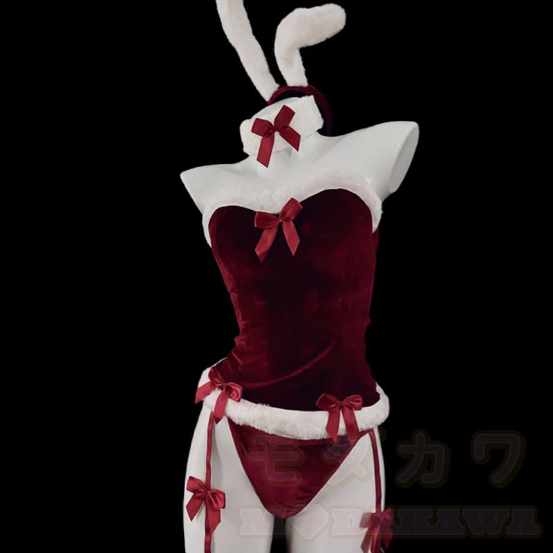 Bunny Ears Bow Lingerie Dress Set - Red - 3XL - image 1