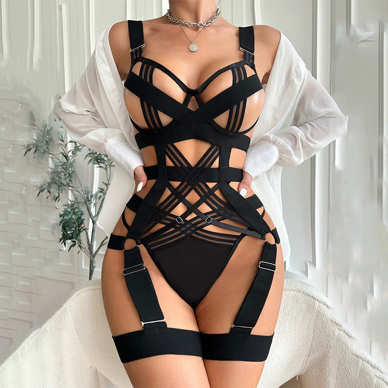 Sexy Hollow Out Lingerie Set - Black - 3XL - image 1