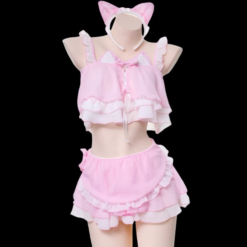 Ruffle Chiffon Cat Ears Tank Top Lingerie Set - image 6