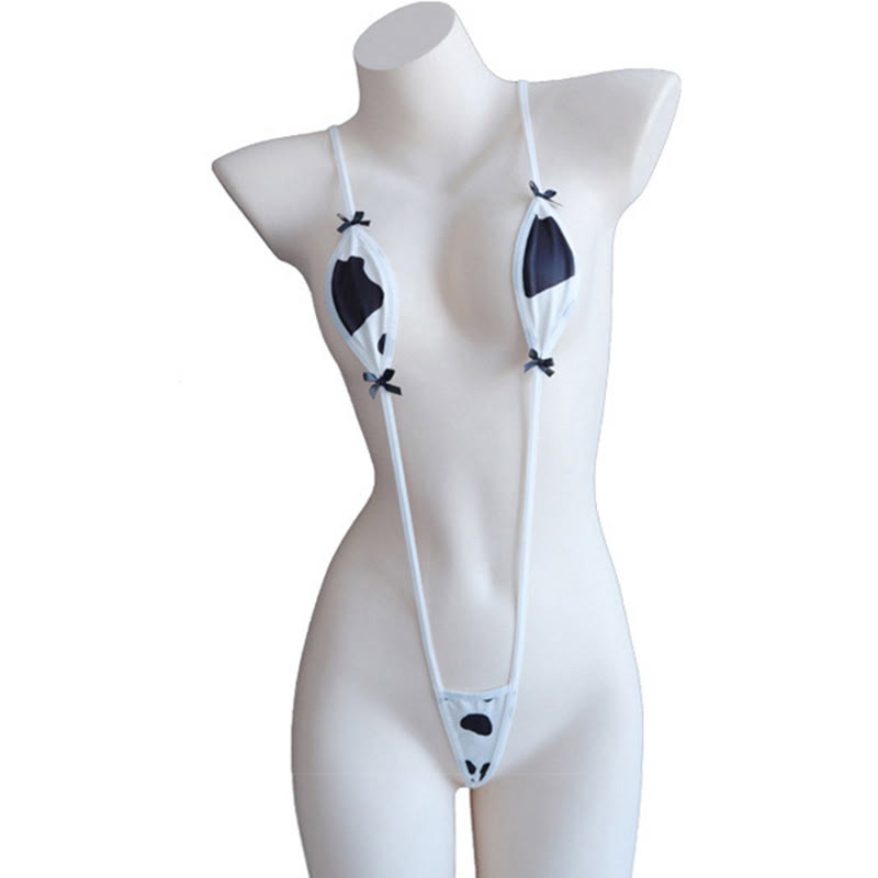 Cow Print Bikini Jumpsuit Lingerie - White - Set A - One Size - image 2