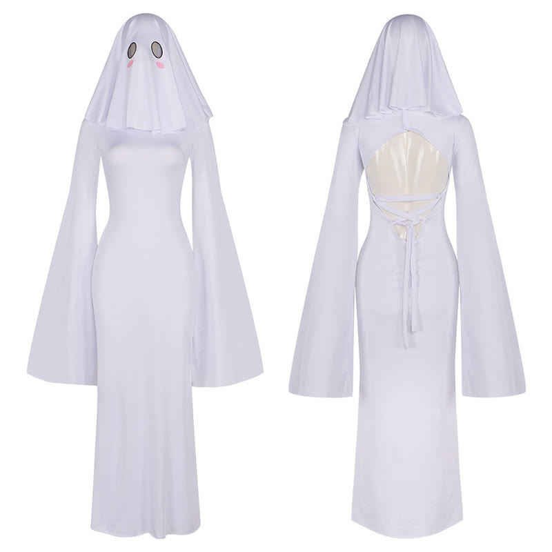 Cosplay Ghost Backless Dress With Mask - White - 5XL - image 2