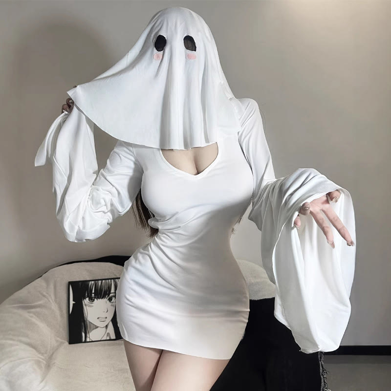 Cosplay Ghost Hollow Out Dress With Mask - White - One Size - image 2